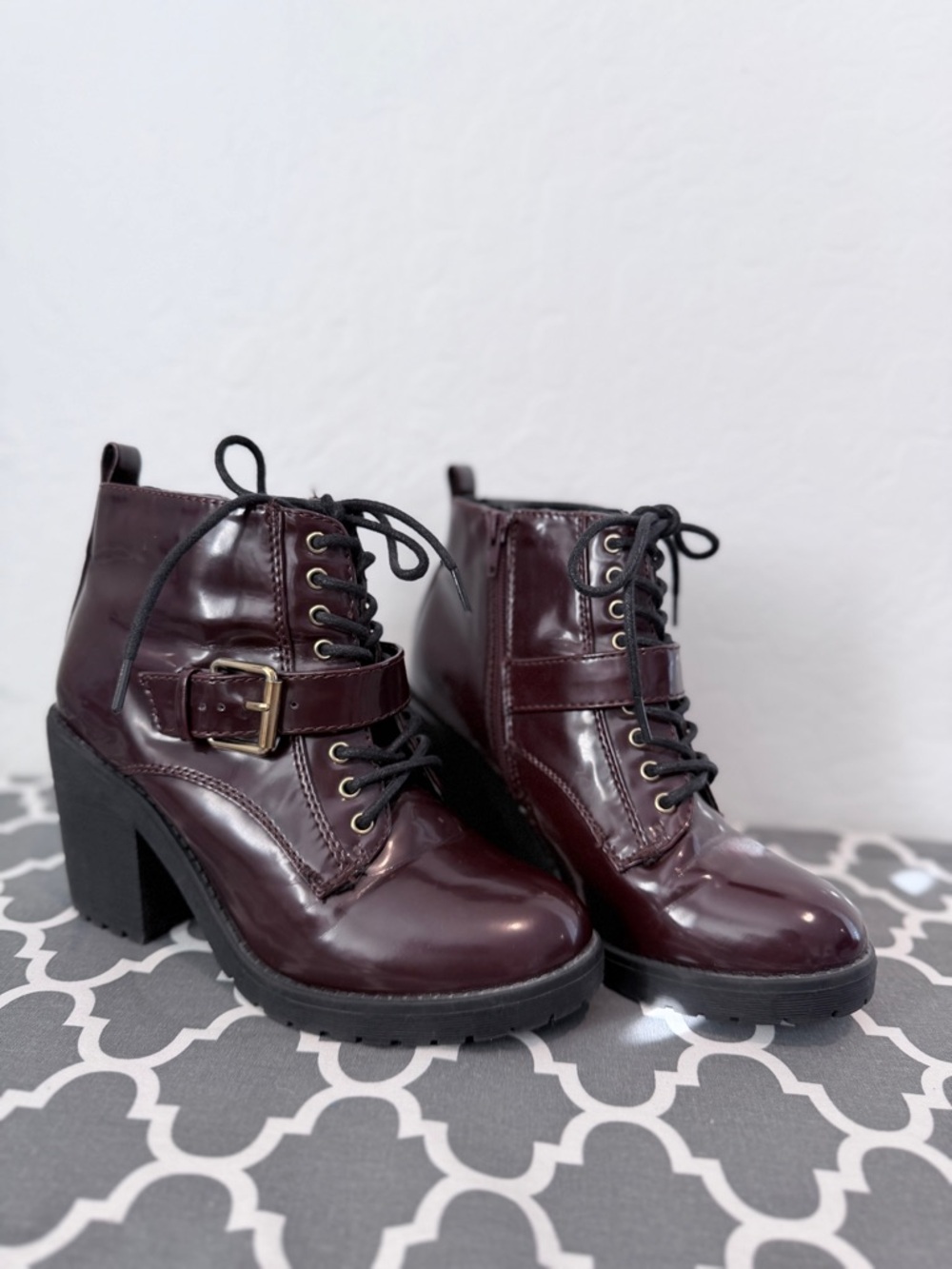 Mudd Burgundy Lace-Up Buckle Booties